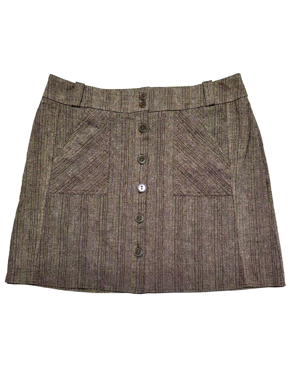 Per Una Linen Blend Button Front Mini Skirt Utility Pockets Brown Stripe Size 14
